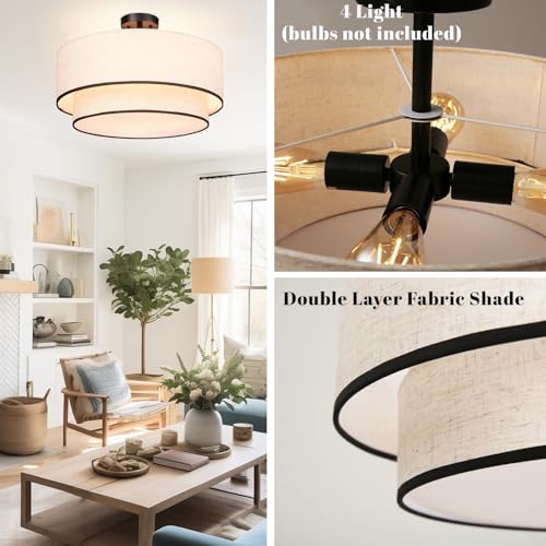 Hamilyeah 20 Inch Beige & Black Double Layer Semi Flush Mount Ceiling Light with 4 Lights