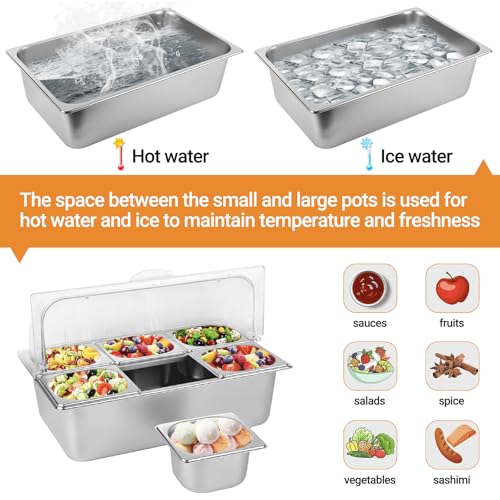 Stainless Steel Food Serving Display Tray with Clear Lid for Buffets & Catering - 6 Pan Set