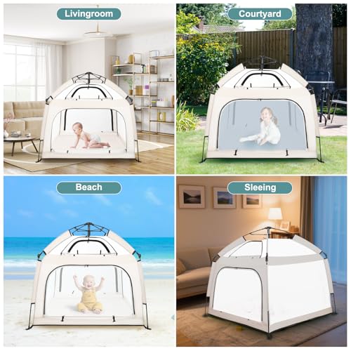 Baby Playpen with Canopy - Square Toddler Beach Tent, Beige, Portable & Foldable