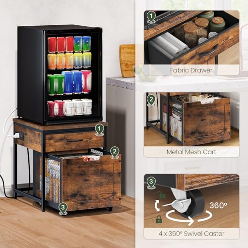 Mini Fridge Stand with Drawer & Power Outlet - Rustic Brown & Black