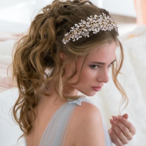 Gold Crystal Wedding Headband Rhinestone Bridal Hair Accessories Handmade Leaf Design