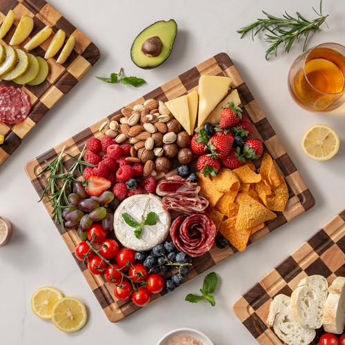 Fyctio 3-Piece Checkered Walnut & Rubber Wood Cutting Board Set with Stand, 17"L x 12"W