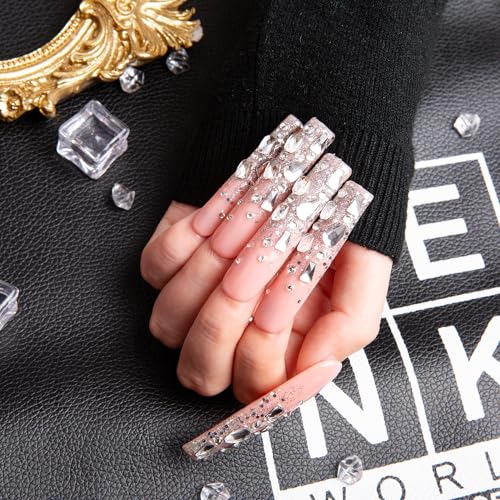 LOVFUL Stunning Bling Nails,Crystal Detailed Diamonds Press On Nails | Custom Shape | Glitter Rhinestone Nails | Gradient Pink Fake Nails| Square Long 2.2 in | H126 (S)