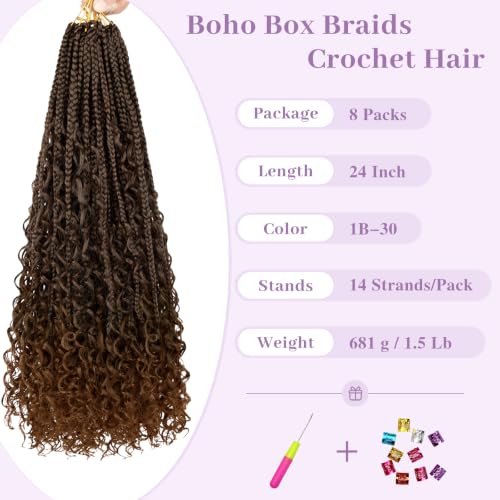 Boho Box Braids Crochet Hair 24 Inch with Curly Ends - Pre Looped Synthetic Hair - 1B/30 - Pack of 8