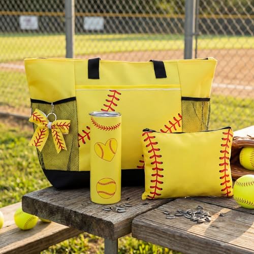 Softball Gifts Set with Tote Bag, Makeup Bag, 20 oz Tumbler & Keychain - Softball Themed Birthday Gift
