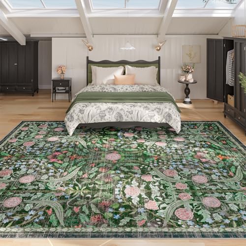 AMTOVO 8x10 Dark Green Washable Area Rug - Large Boho Floral Non-Slip Carpet for Living Room & Bedroom