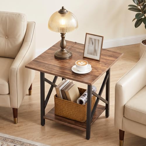 GreenForest Walnut 24 Inch Square End Table with X-Frame & Large 2-Tier Storage