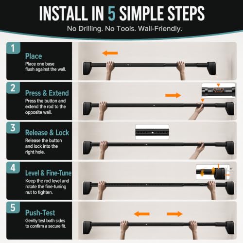Heavy Duty Tension Shower Curtain Rod Set - No Drilling, Adjustable 41-126 Inch, Rustproof Black