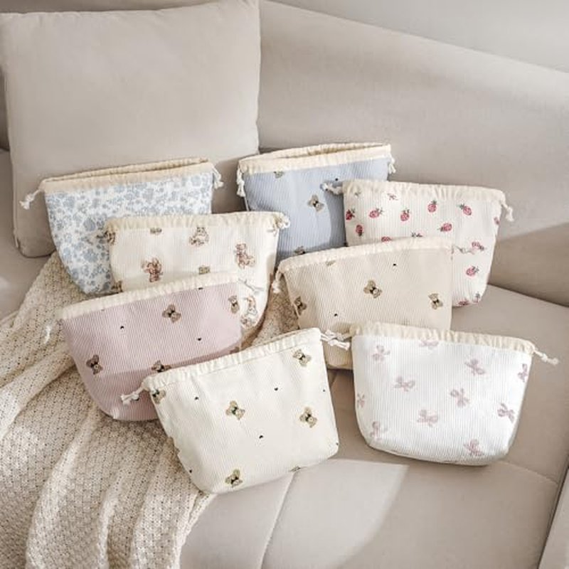 Aesthetic Corduroy Drawstring Makeup Bag, Cute Coquette Drawstring Cosmetic Bag with Canvas Lining, Bear Pattern Travel Makeup Organizer Case for Women Girls (04 Light Taupe)