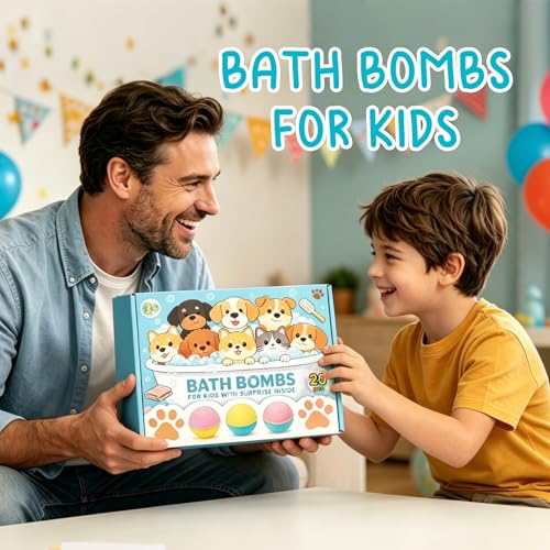 Kids Bath Bombs Set with Toys Inside - 20 Pack in Blue Green Orange Pink - Surprises & Bubble Bath Fun