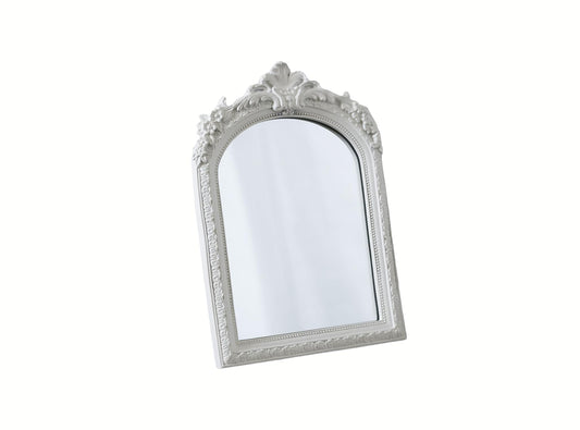 HSDDHOME Small White Vintage Vanity Desk Makeup Mirror Antique Decorative Wall Mirror,Resin Carved Arch Table Mirror with Stand for Living Room,Bedroom Dresser,Desktop Decor 10.2" x 7" ﻿