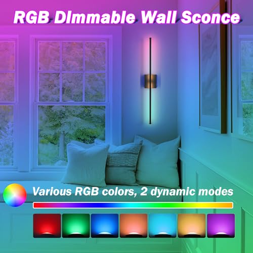 Black Wireless Wall Sconce Set of 2 with 10000mAh Battery & Remote - RGB Color, Dimmable, 70H Runtime