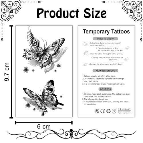 Cerlaza 20 Sheets Black Butterfly Temporary Tattoos for Adult Women, 120 Styles Small Butterflies Fake Tattoo Waterproof Long Lasting, Semi Permanent Tattoos Temporary Realistic for Girls Kids