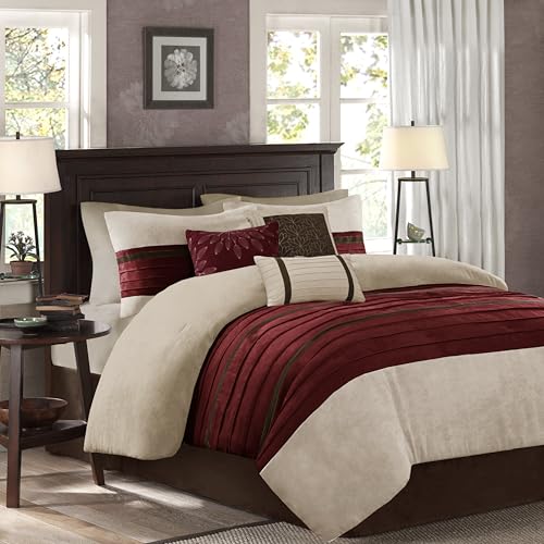 Queen Comforter Set with Shams and Decorative Pillows - Red Faux Suede Bedding