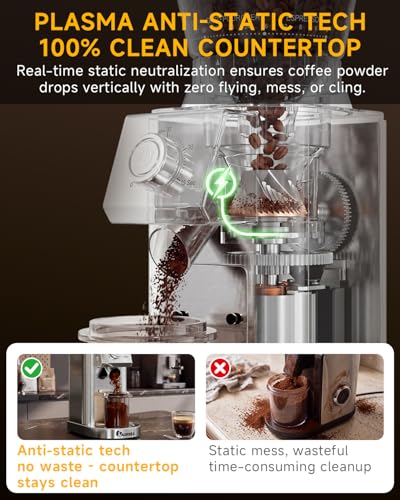 Silver Coffee Grinder with Conical Burr - 48 Grind Settings for Espresso to French Press