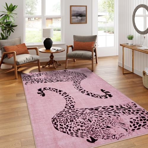 OJIA Pink Leopard Print 5x7 Washable Area Rug for Living Room, Soft & Non-Slip