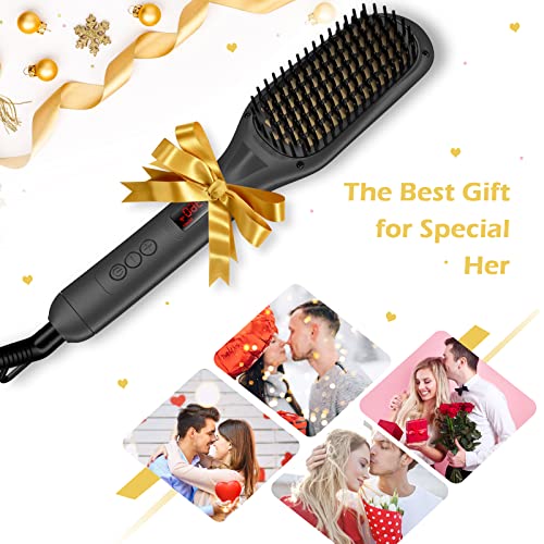 Hair Straightener Brush Ionic Hot Comb with 15 Temp & Anti-Scald - Silvery Black