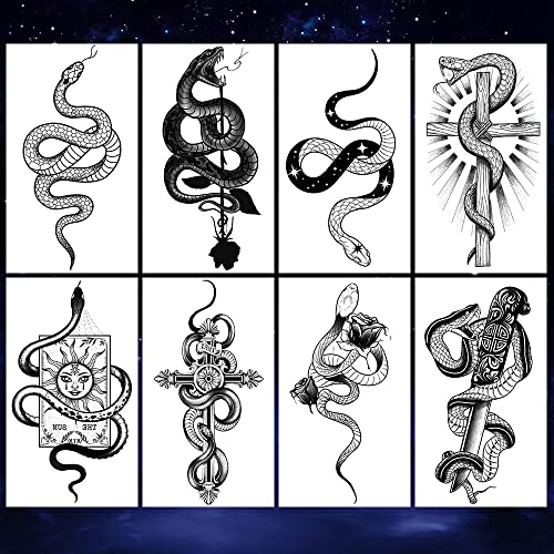 Waterproof Fake Temporary Tattoos Sticker 8 Sheets Small Cute Hand Black Snake Rose Cross Card Knife