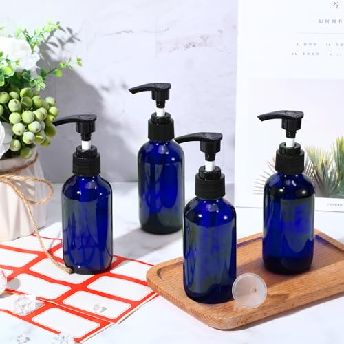 Blue Glass Travel Pump Bottles Set with Labels & Funnel - 12 Pack, 4 oz