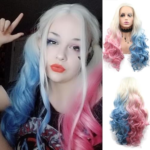 Xiweiya 24in Long Wavy Lace Front Wig for Women - Platinum Blue Pink Ombre Synthetic Hair, Heat Resistant, Cosplay Halloween