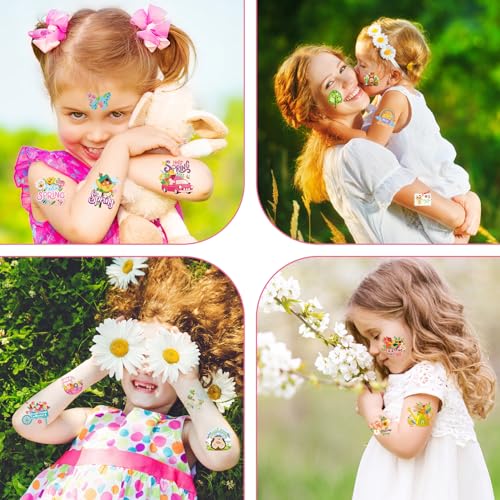 HOWAF 96pcs Spring Easter Tattoos, Hello Spring Temporary Tattoos for Spring Party Supplies, Spring Flower Tattoos Spring Butterfly Tattoos for Kids, Spring Summer Decoration Face Tattoos