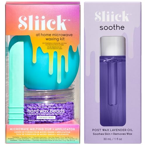 Sliick DIY At-Home Waxing Kit with Hard Wax Beads, Cup, Spatula & Lavender Post Wax Oil ? Face & Body Hair Removal, Soothing Aftercare