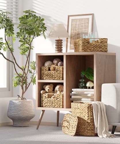 Water Hyacinth Storage Baskets Set of 6 - Natural Woven Bin with Handles, Rectangular Variation