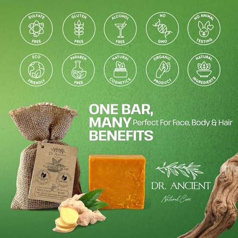 Dr.Ancient Turmeric Soap Bar, Organic Soap Bars Handcrafted the Traditional Way, Natural Chemical-Free, Vegan, Used for Face Wash, Body Wash, and Hand Cleansing, Nourishing Care (Pack of 4)