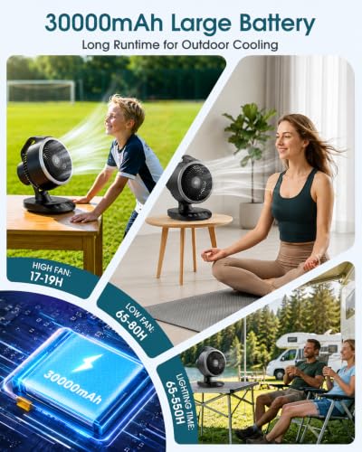 Portable Rechargeable Fan with Remote - Black, 30000mAh, Oscillating & Turbo Blades