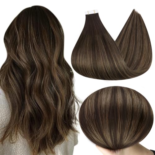 Full Shine Tape-In Human Hair Extensions 14 Inch Brown Ombre, Dark Brown to Ash Brown, Seamless & Natural Look