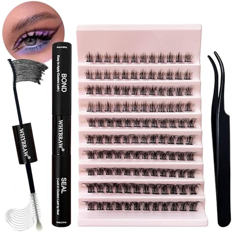 Lash Extension Kit D Curl Lash Clusters WHYBRAW Eyelash Extension Kit with 7 Days Long Lasting Bond Lash Bond and Seal 120 Pcs Natural Individual Lashes Kit with Cluster Lash Tweezers