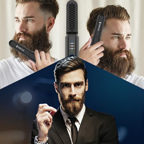 VIKICON Beard Straightener for Men - Black Cordless Heated Comb with 3 Temp Settings & Anti-Scald