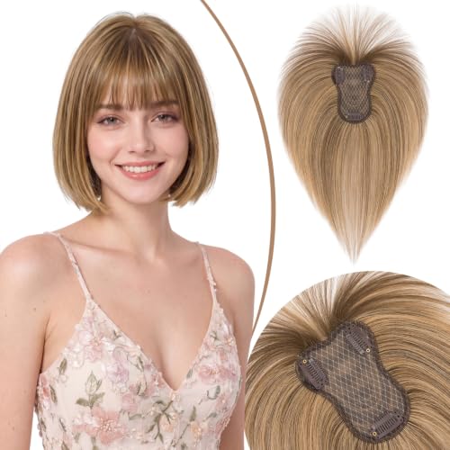 Rich Choices Human Hair Topper with Bangs, 10 Inch, Medium Brown & Dark Blonde Highlight