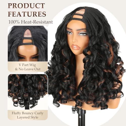 Highlight Brown Synthetic Curly V Part Wig for Black Women - 22 Inch Light & Bouncy