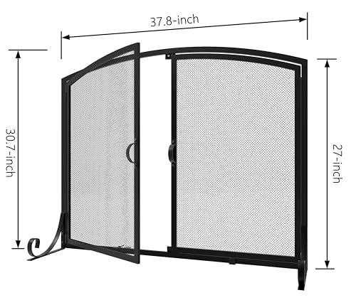 Large Fireplace Screen with Double Doors - Heavy Duty Steel, Black, Childproof, 37.8"W x 30.7"H