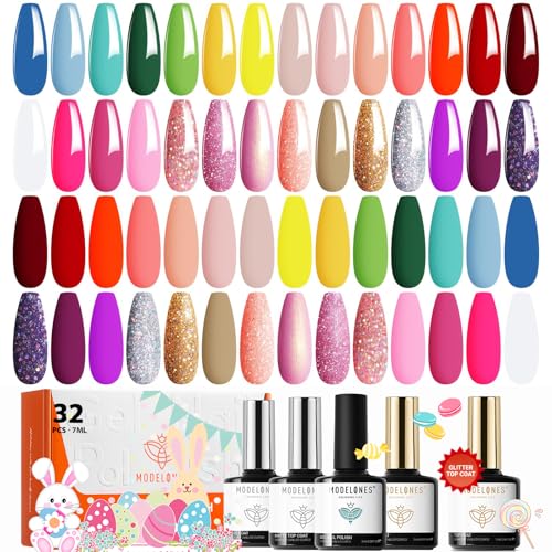 modelones 32 PCS Gel Nail Polish Set, 28 Colors 2026 Spring Pastel Easter Colorful Gel Polish with No Wipe Base Coat, Glitter & Glossy & Matte Top Coat Soak Off LED Nail Art Kit Salon DIY Home Gift