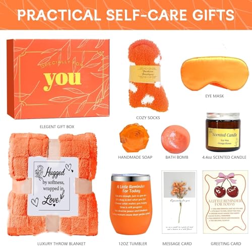 Self Care Gift Set for Women - Fall Spa Basket with Candle, Socks, Blanket & More - Orange Themed Relaxation Gifts - Standard