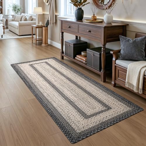 Braided Farmhouse Hallway Runner Rug 3x7 Black Ivory Non Slip Durable