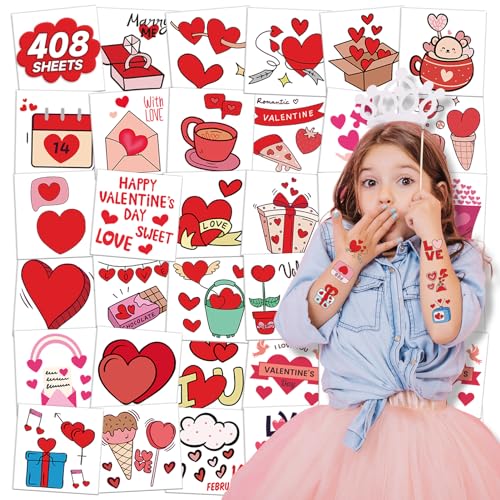 EMOME 408 Individually Wrapped Valentine Temporary Tattoo Stickers for Kids, Cute Heart Temporary Tattoos for Valentine Accessories, Kids Tattoos for Party Supplies Favors Fillers