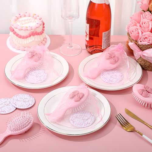 Pink Butterfly Wedding Party Favor Set - Mirror & Hair Brush with Coquette Bow Variation