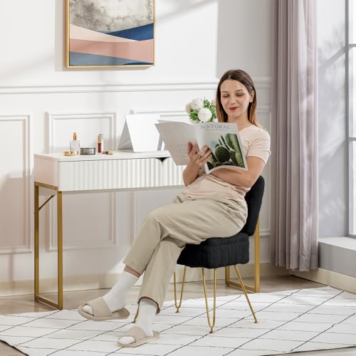 Black Vanity Chair with Storage & Foldable Back - Comfy Ottoman