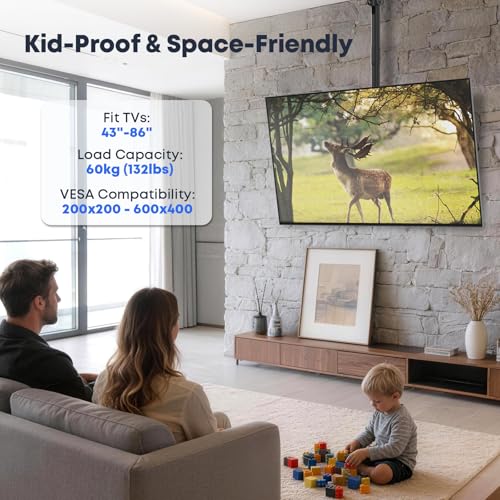 Ceiling Mount for 43-86 Inch TVs - Heavy Duty Universal TV Ceiling Bracket - Sloped & Flat Ceiling Compatible - Kid-Safe & Space Saving - 132 lbs Capacity