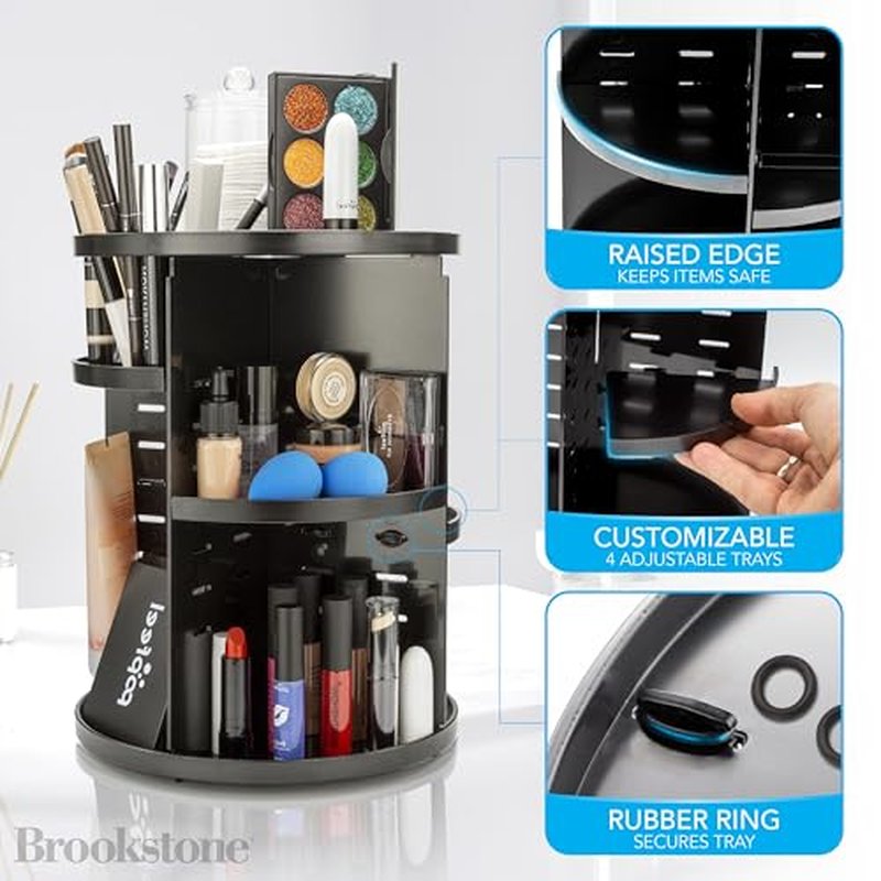 Brookstone 360¡Æ Spin Cosmetic Display Case for Vanity, Store Brushes, Lipsticks, and Other Fashion Accessories, Versatile Storage Solution, black