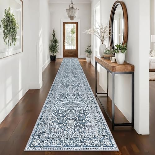 Blue Floral Washable Runner Rug 2.6x16 Feet Non-Slip Hallway Carpet