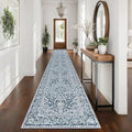 Blue Floral Washable Runner Rug 2.6x16 Feet Non-Slip Hallway Carpet