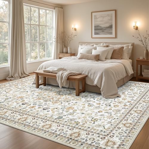 ExpediX 8x10 Area Rug - Washable Vintage Beige Living Room Rug
