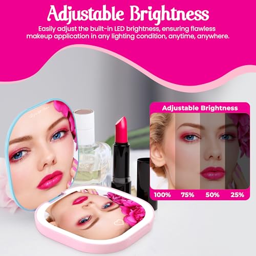 Impressions Vanity Care Bears LED Compact Mirror for Purse, Lighted Travel Makeup Mirror with 3X Magnification, Auto Shut Off Daylight LED Lighting, Adjustable Brightness and Touch Sensor (Blue/Pink)