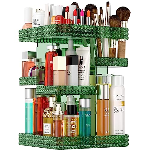 Famitree Green 360° Rotating Makeup Organizer with Adjustable Layers - Large Capacity Acrylic Storage Rack for Vanity and Bathroom