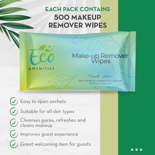ECO Amenities Makeup Remover Wipes Individually Wrapped - Travel Make Up Face Wipes - Individually Wrapped for Women - Singles for Face, Eyes, Lips - Gentle, TSA Friendly - Pack of 500