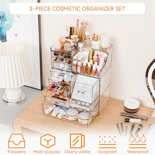 Yieach 9-Drawer Clear Makeup Organizer for Vanity & Bathroom, Stackable Acrylic Storage
